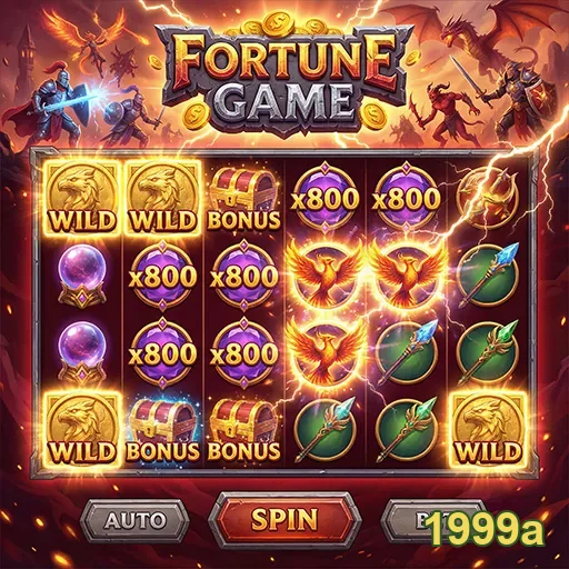 Jogo de caça-níqueis 'Fortune Game' no site 1999a, com símbolos vibrantes e efeitos de luz.